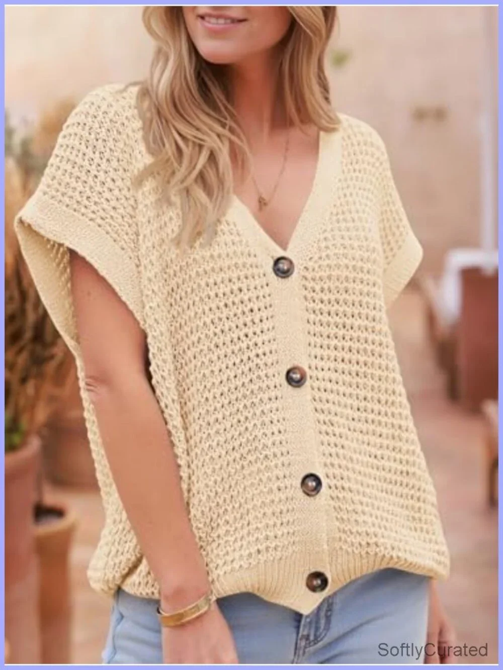 Short Sleeve Crochet Cardigan Sweater V-Neck Button Down Beach Cover Up